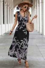 Cross V Neck Floral Print Sleeveless Fit Dress