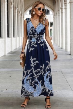 Cross V Neck Floral Print Sleeveless Fit Dress Cross V Neck Floral Print Sleeveless Fit Dress
