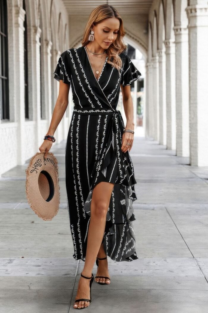 Strip knot belt split v neck hem ruffle fit dress