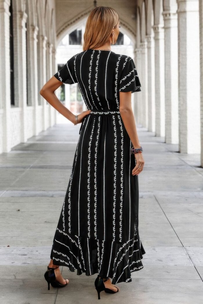 Strip knot belt split v neck hem ruffle fit dress