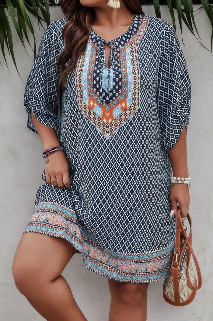 Plus size v neck printed loose fit midi dress