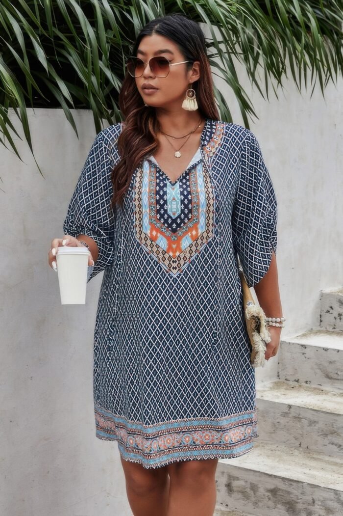Plus size v neck printed loose fit midi dress