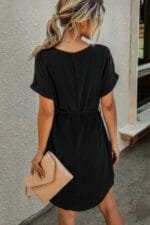 Solid Round Neck Tie Waist Belt Fit Dress