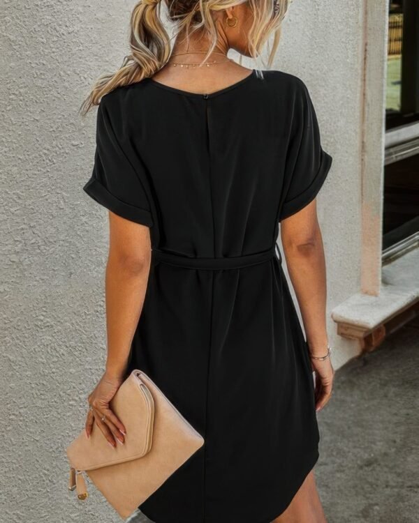 Solid Round Neck Tie Waist Belt Fit Dress