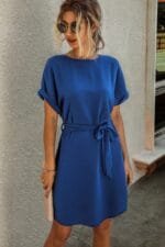 Solid Round Neck Tie Waist Belt Fit Dress