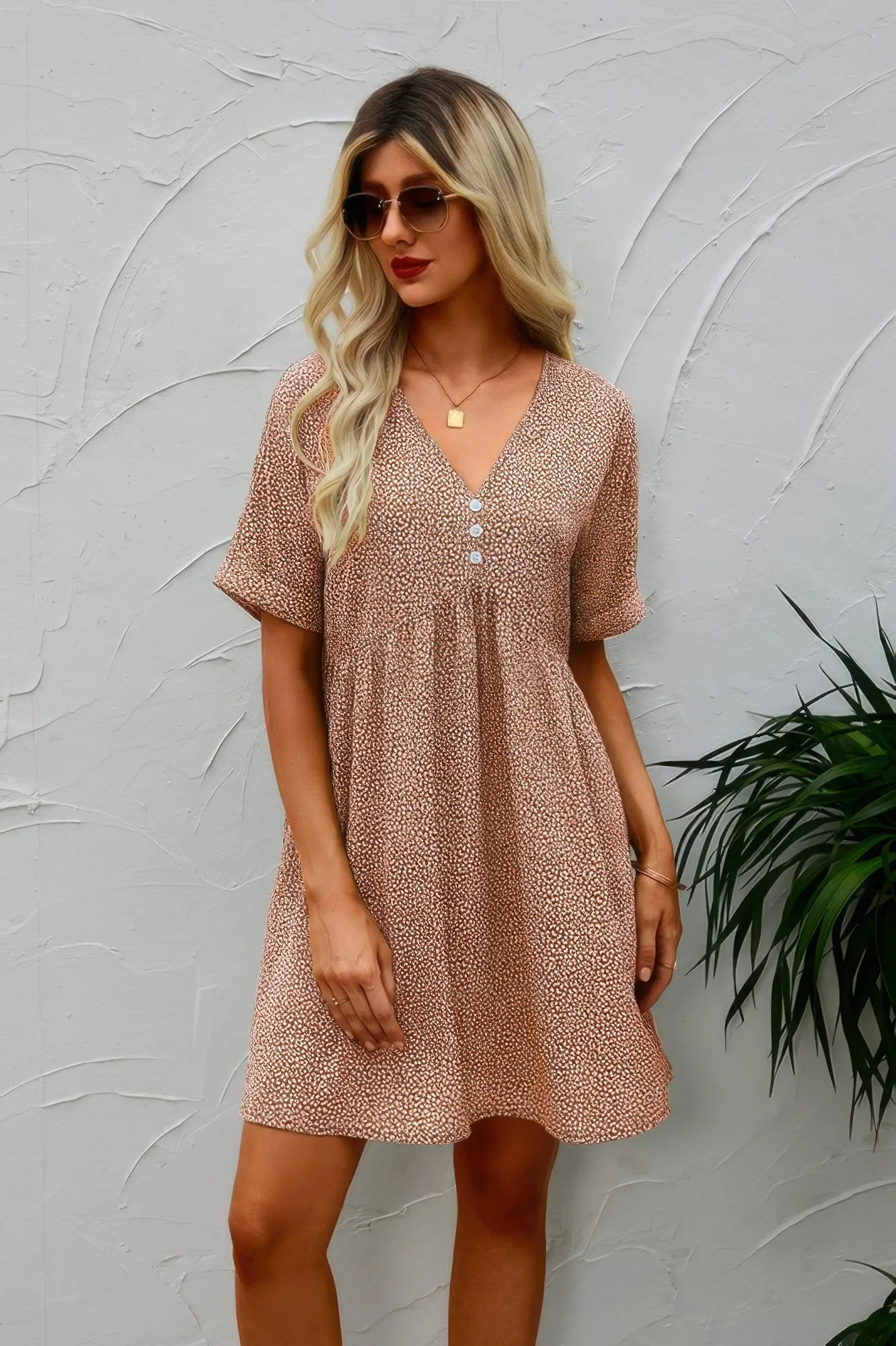 Button V Neck Short Sleeve Tunic Short Dress