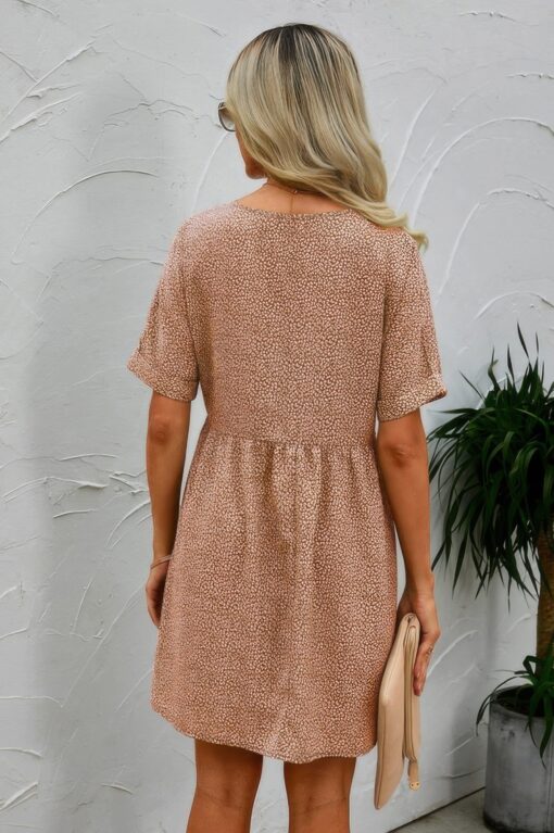 Button V Neck Short Sleeve Tunic Short Dress - Image 2