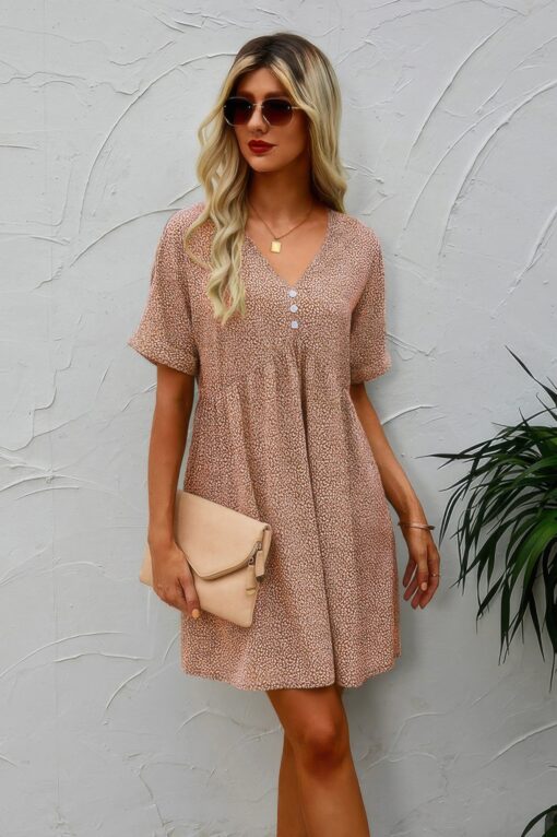 Button V Neck Short Sleeve Tunic Short Dress - Image 3