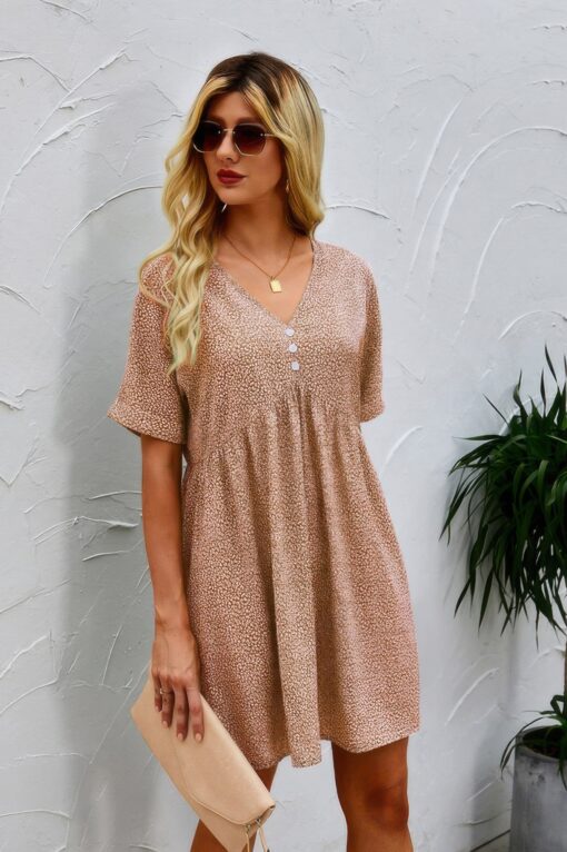 Button V Neck Short Sleeve Tunic Short Dress - Image 4