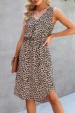 Leopard V Neck Sleeveless Button Fit Midi Dress - Image 2