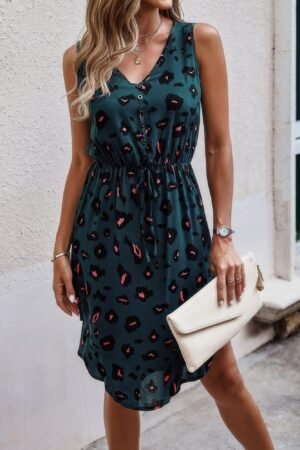 Leopard V Neck Sleeveless Button Fit Midi Dress Leopard V Neck Sleeveless Button Fit Midi Dress