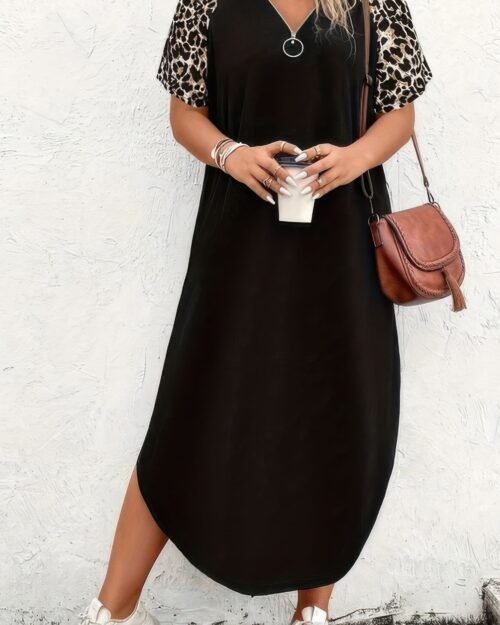 plus size zipper leopard print loose fit dress