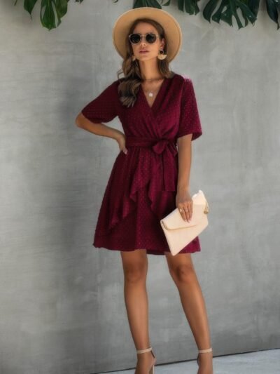 V Neck Ruffled Hem Wrap Dress