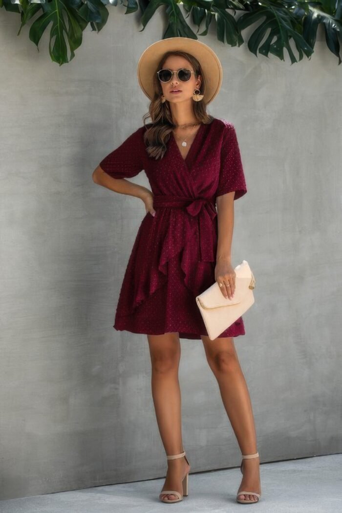 V neck ruffled hem wrap dress