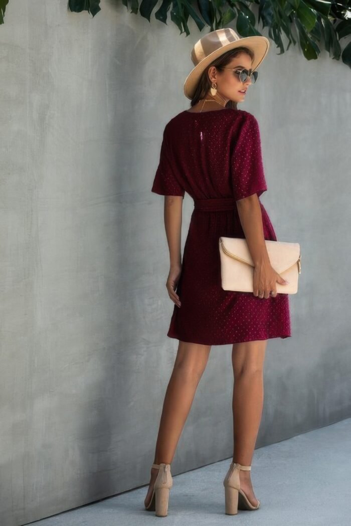 V neck ruffled hem wrap dress