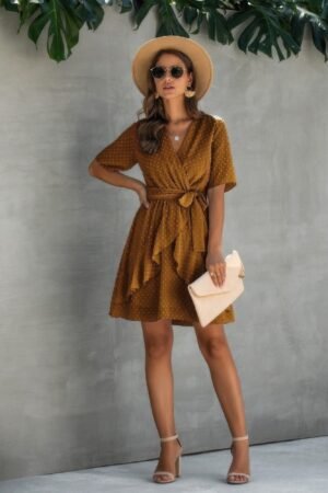 V Neck Ruffled Hem Wrap Dress V Neck Ruffled Hem Wrap Dress