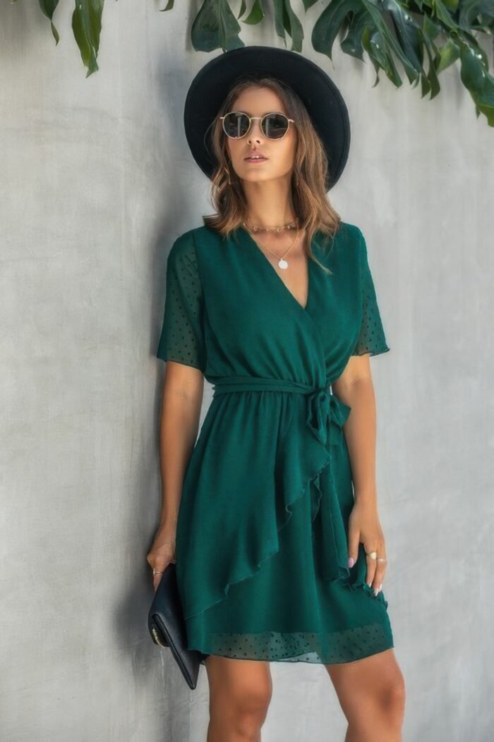 V neck ruffled hem wrap dress