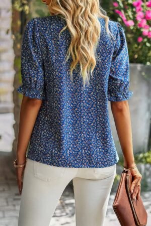 Floral Ruffle Mock Neck Puff Short Sleeve Shirt Floral Ruffle Mock Neck Puff Short Sleeve Shirt