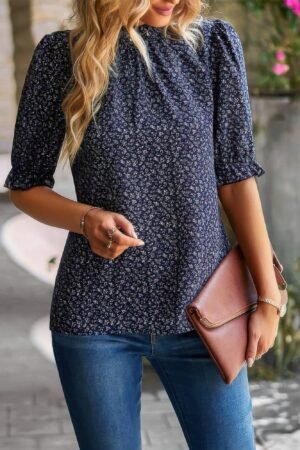 Floral Ruffle Mock Neck Puff Short Sleeve Shirt Floral Ruffle Mock Neck Puff Short Sleeve Shirt