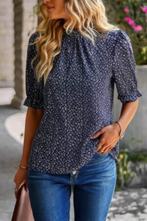 Floral Ruffle Mock Neck Puff Short Sleeve Shirt Floral Ruffle Mock Neck Puff Short Sleeve Shirt