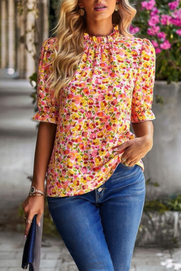 Floral ruffle mock neck puff short sleeve shirt