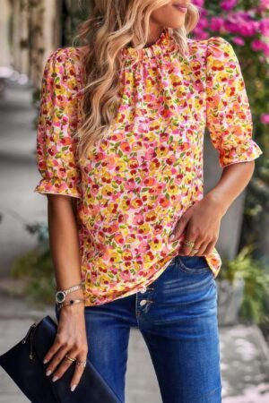 Floral Ruffle Mock Neck Puff Short Sleeve Shirt Floral Ruffle Mock Neck Puff Short Sleeve Shirt