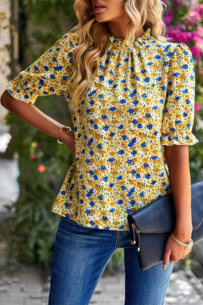 Floral ruffle mock neck puff short sleeve shirt