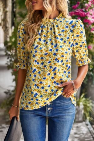 Floral Ruffle Mock Neck Puff Short Sleeve Shirt Floral Ruffle Mock Neck Puff Short Sleeve Shirt