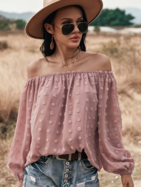 Off Shoulder Swiss Dot Long Sleeve Loose Top