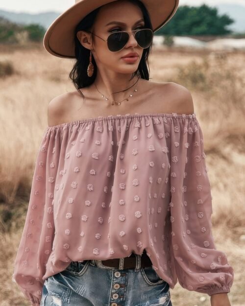 Off Shoulder Swiss Dot Long Sleeve Loose Top