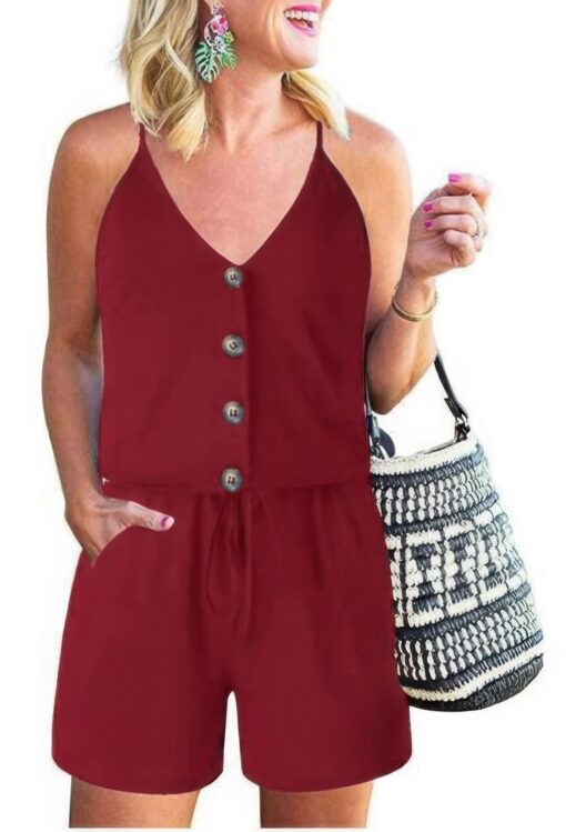 Button Sleeveless Spaghetti Strap Cami Romper - Image 9