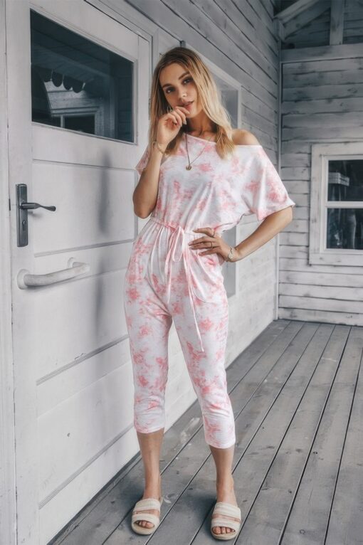 Tie Dye One Shoulder Drawstring Fit Jumpsuit - Image 10