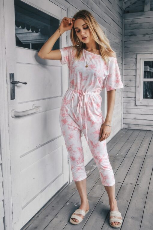 Tie Dye One Shoulder Drawstring Fit Jumpsuit - Image 12