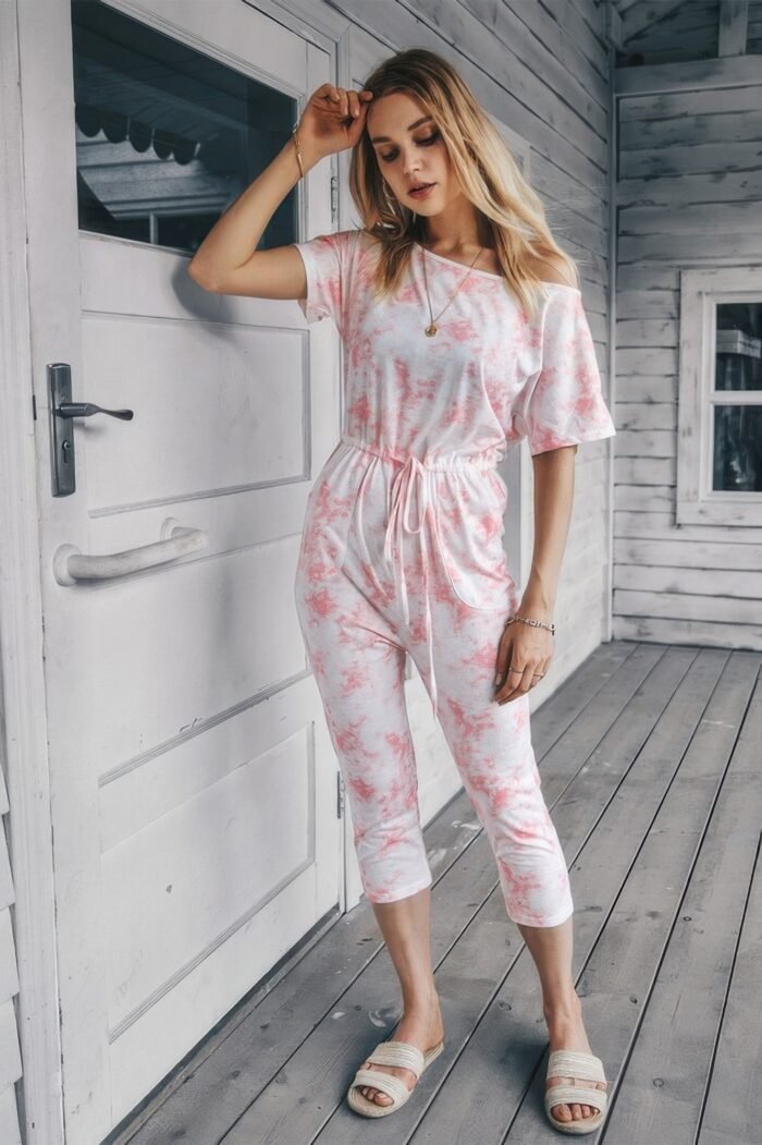 Tie dye one shoulder drawstring fit jumpsuit