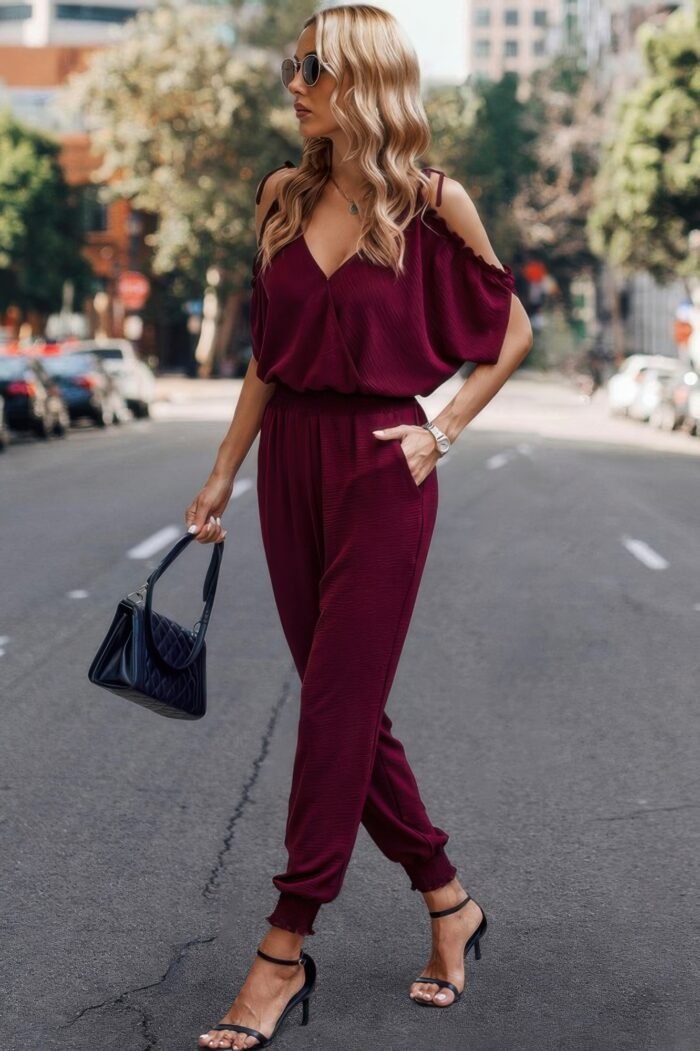 Solid wrap v neck cold shoulder outfits jumpsuit