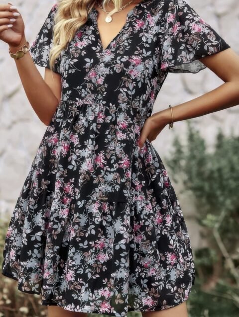 V Neck Bohemian Floral Print A Line Fit Dress