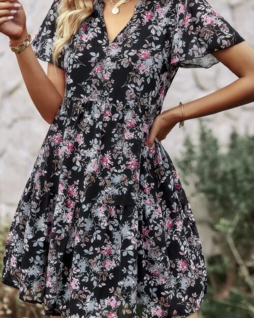 V Neck Bohemian Floral Print A Line Fit Dress