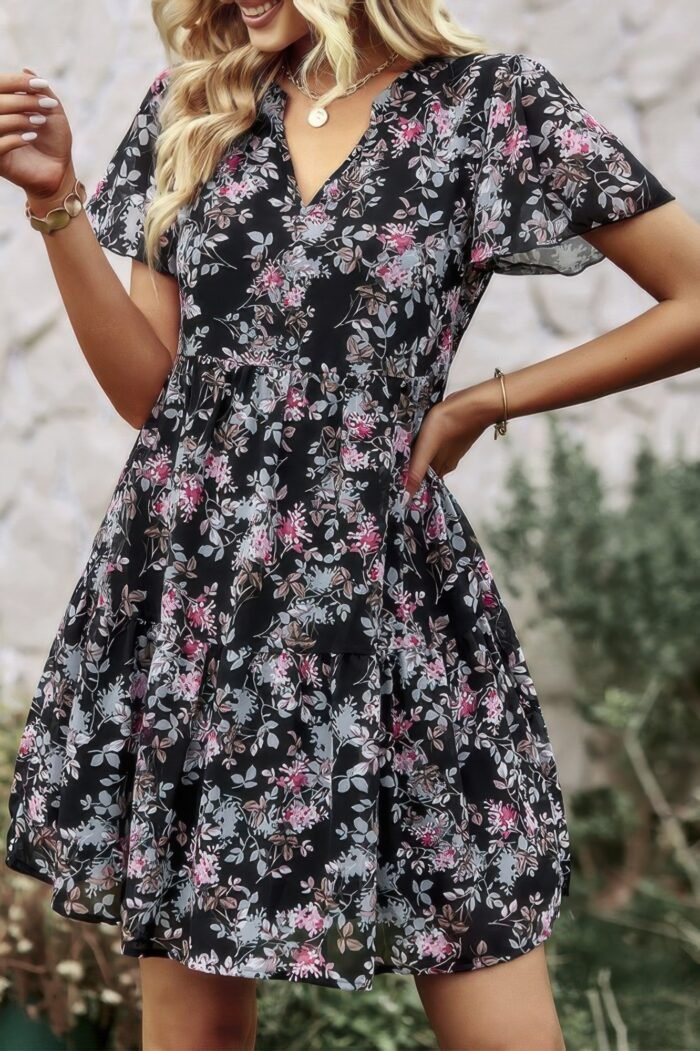 V neck bohemian floral print a line fit dress - image 1