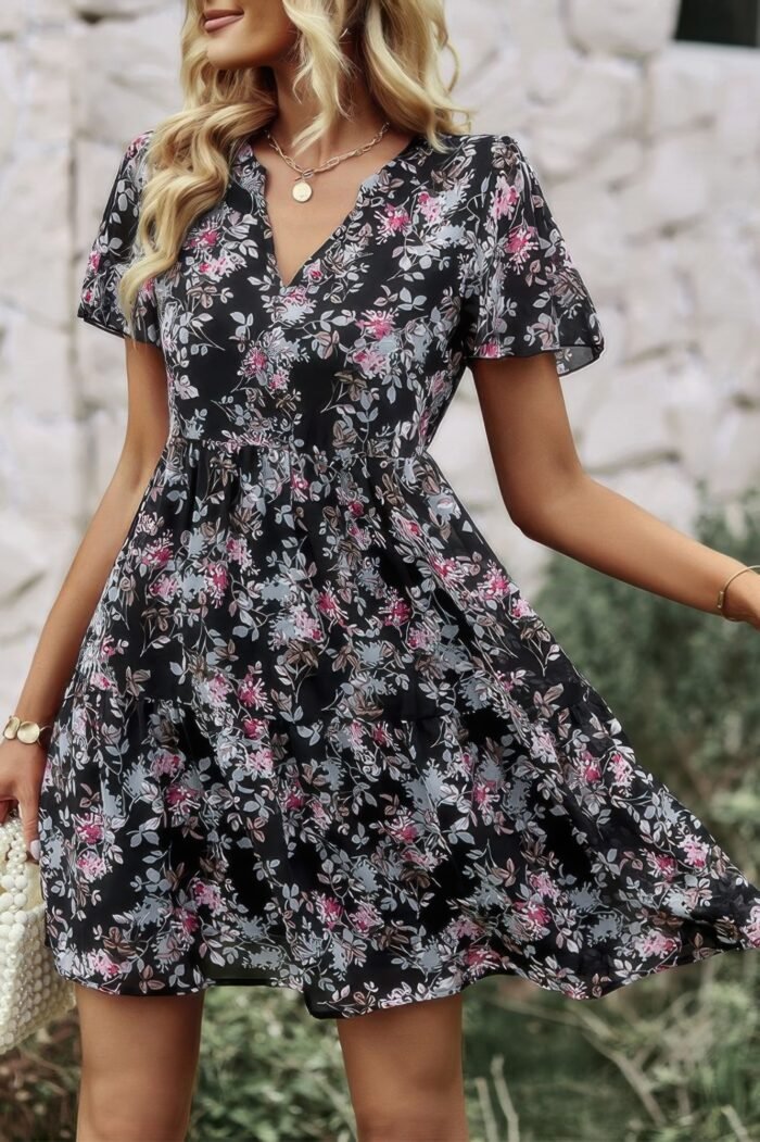 V neck bohemian floral print a line fit dress - image 3