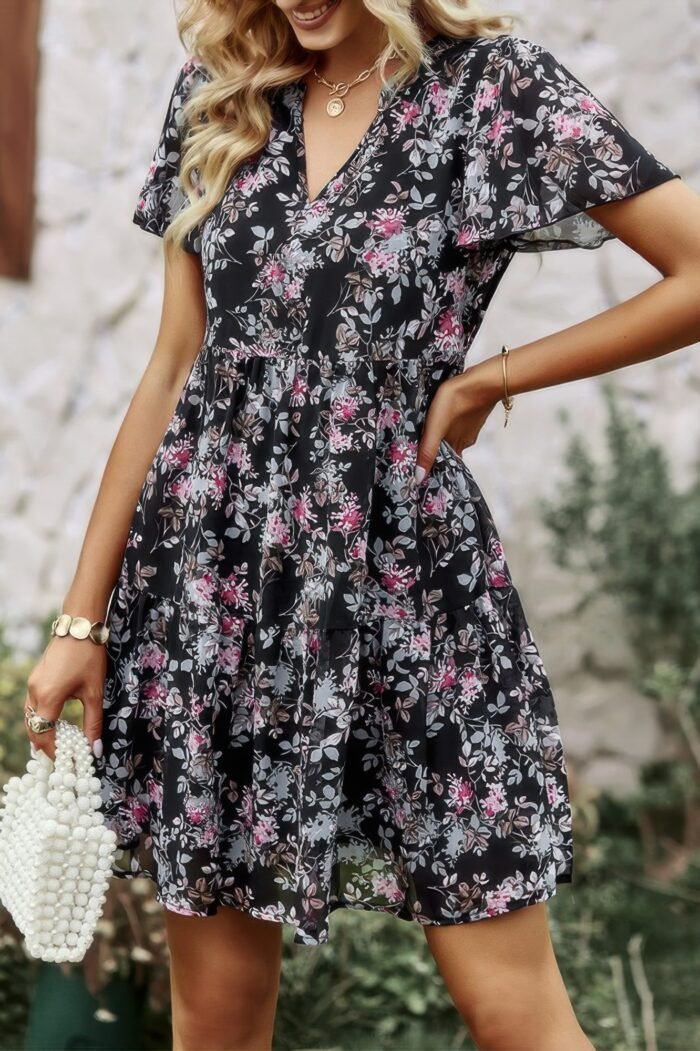 V neck bohemian floral print a line fit dress - image 4
