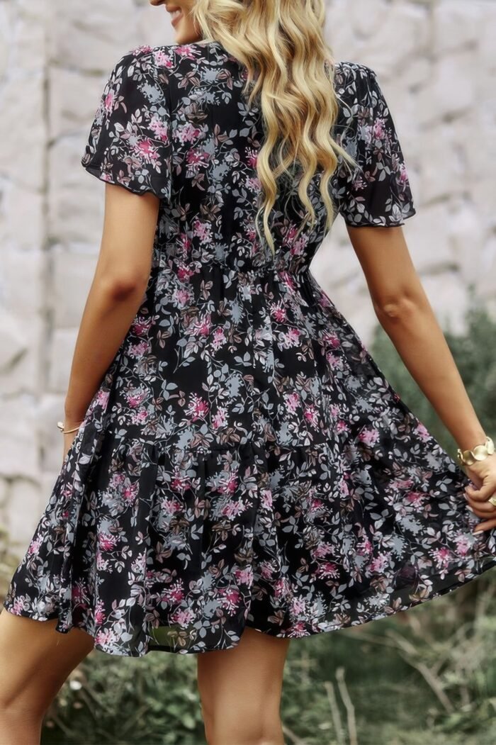 V neck bohemian floral print a line fit dress - image 5