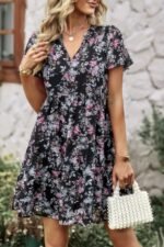 V Neck Bohemian Floral Print A Line Fit Dress - Image 6