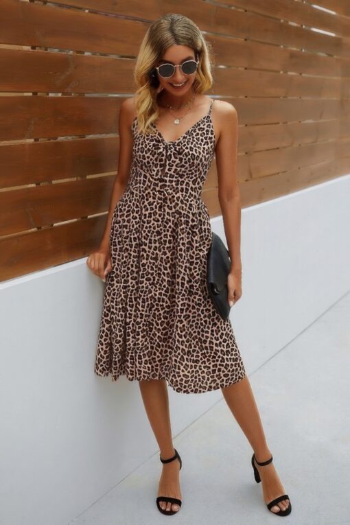 V Neck Spaghetti Strap Leopard Cut Out Midi Dress - Image 3