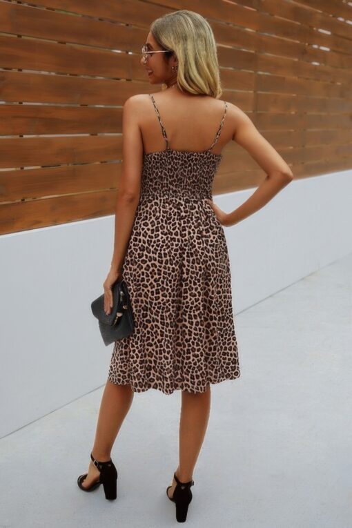 V Neck Spaghetti Strap Leopard Cut Out Midi Dress - Image 4