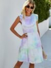 Crew Neck Tie Dye Ruffle Short Dress