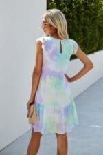 Crew Neck Tie Dye Ruffle Short Dress