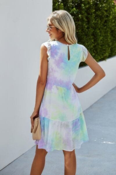 Crew Neck Tie Dye Ruffle Short Dress Crew Neck Tie Dye Ruffle Short Dress