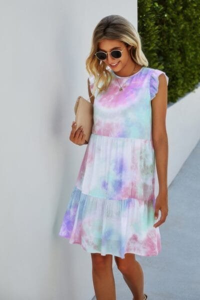 Crew Neck Tie Dye Ruffle Short Dress Crew Neck Tie Dye Ruffle Short Dress