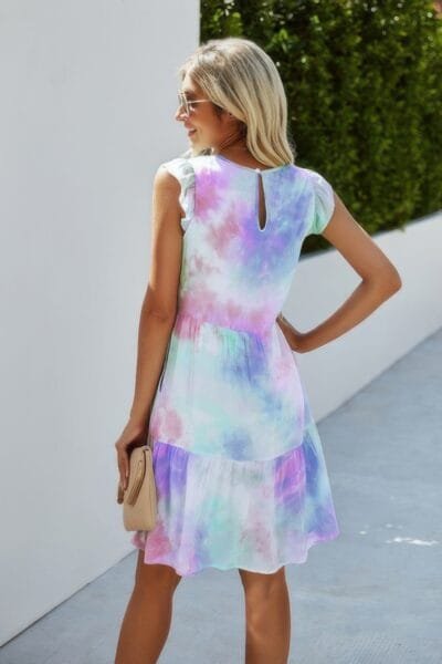 Crew Neck Tie Dye Ruffle Short Dress Crew Neck Tie Dye Ruffle Short Dress