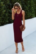 Button Scoop Neck Solid Slim Midi Bodycon Dress